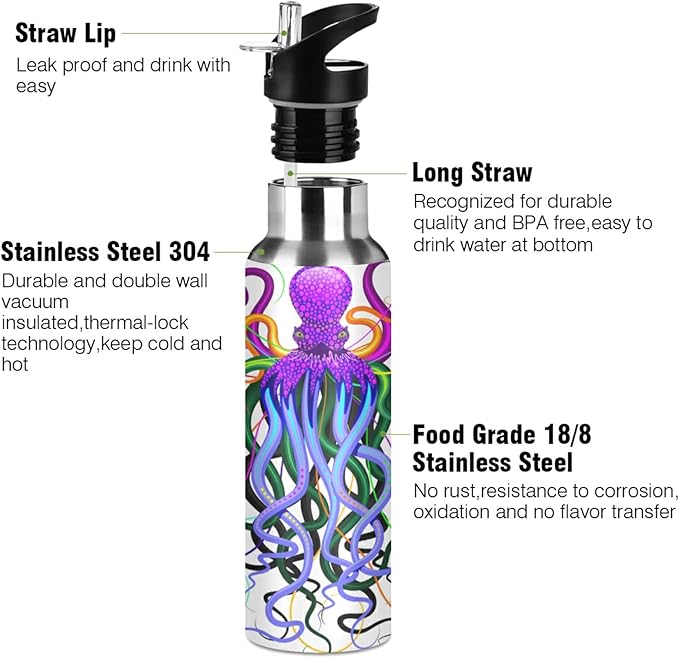 Blueangle 32 OZ Psychedelic Octopus Water Bottle with Straw, Sports Water Bottle BPA Free Stainless Steel Water Jugs for Gym, Kitchen, Working, Outdoor（927）