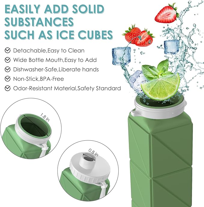 Collapsible Water Bottles 20.7oz Leakproof with Straw Lid Food-Grade BPA-Free Silicone Travel Foldable Water Bottles for Sports Office Gym Hiking Driving 610ML (Type1 Army Green)