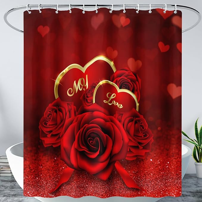 AILONEN Red Rose Shower Curtain for Bathroom, Romantic Flower Rose 3D Printed Valentine Wedding Bathroom Curtain,48" W*72" H Polyester Waterproof Bath Curtain with 12 Hooks
