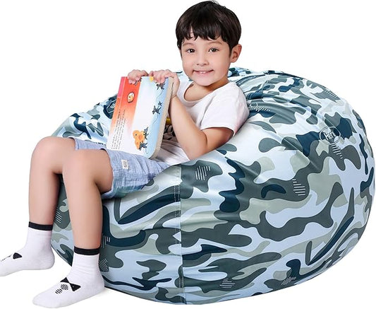 Lukeight Stuffed Animal Storage Bean Bag Chair Cover for Kids, Zipper Beanbag Chair Cover for Organizing Toddler and Kids' Rooms Plush Toys (Camo Velvet, X-Large)