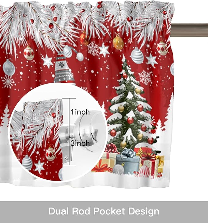 Christmas Gnome Valance Curtains for Kitchen Windows Winter Merry Christmas Tree Balls Rod Pocket Window Treatment Toppers for Kitchen/Living Room/Bedroom/Bathroom, 60" X 18", Red