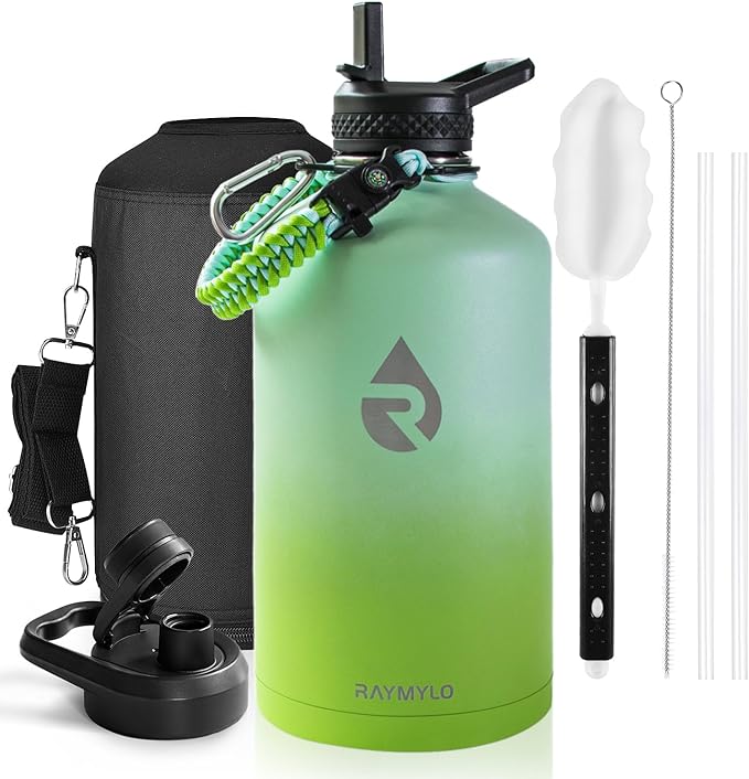 One Gallon Water Bottle Insulated, Triple Walled Vacuum Stainless Steel (Cold for 48 Hrs), Leak Proof & Non-BPA, Large Water Flask Jug with Paracord Handle & Straw Spout Lids