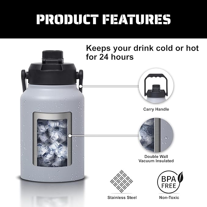 TRIBE WOD Tactical Water Bottle - 64 oz - Outdoor Military Water Bottles Stainless Steel - Double-Wall Jug with Rugged Strap and Removable Sleeve for Keys, Wallet, Phone (Ash Grey)