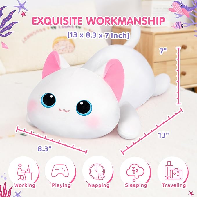 Cute Cat Plush Pillow, Kawaii Plushies White Cat Stuffed Toys, Squishy Plushies, Cuddle Body Pillow for Kids & Girls