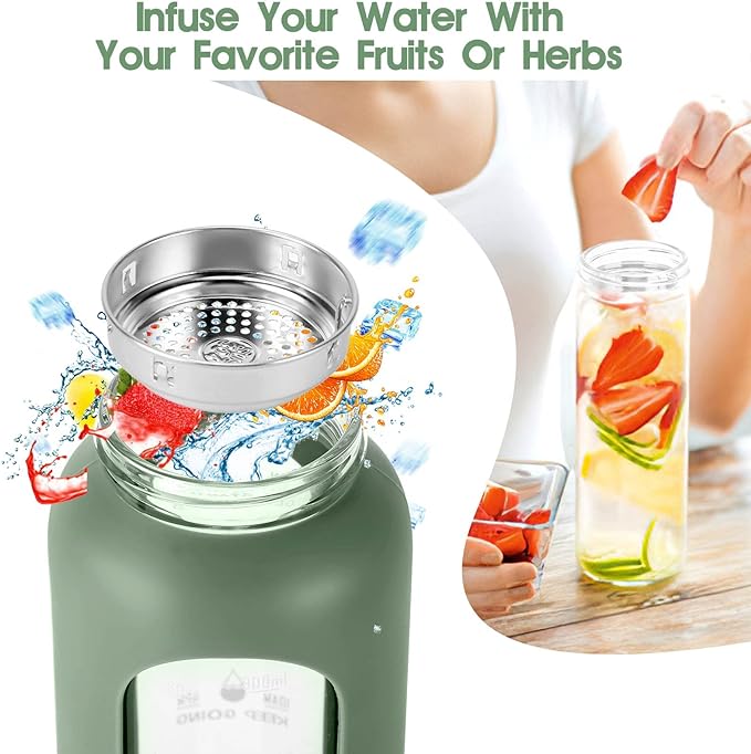 32 oz Glass Water Bottles with Straw - Motivational Bottle with Time Marker & Silicone Sleeve - Reusable Tumbler Includes 2 Bamboo Lids & Fruit Infuser - 1 Pack