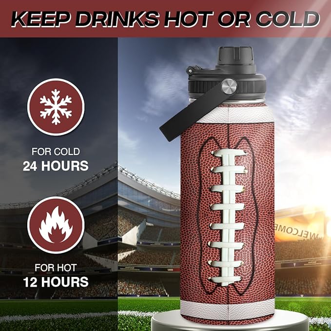 SANDJEST Football Water Bottle 32oz Stainless Steel Insulated Bottles for Men Boys Sports Lovers Fan Players Coach - Softball Gifts for Birthday Christmas