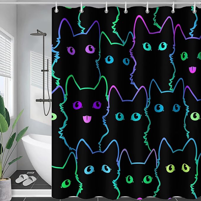 AILONEN Cute Cat Shower Curtain for Bathroom,Gradient Line Kawaii Kitten Bath Curtain for Kids Boys Girls,Color Cartoon Animal Polyester Waterproof with 12 Plastic Hooks 72" W*84" H