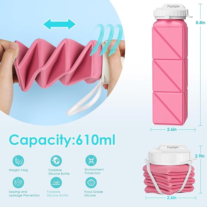 Collapsible Water Bottles,BPA-Free Leak-Proof Silicone Foldable Water Bottle Cup 20.6oz,Durable Lightweight Bottle for Gym Travel Camping Hiking Running (Type2 Pink)