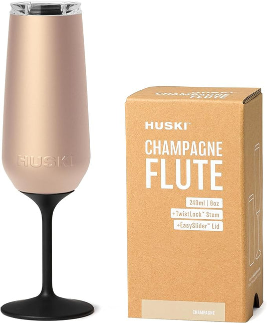 Huski Champagne Flute | NEW | Premium Stainless Steel Champagne Glass with Lid | Go Stemmed or Stemless with Detachable Stem | Triple Insulated Tumbler | 8oz Capacity | Great Gift (Champagne)