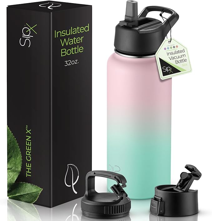 SipX™ Triple-Insulated Stainless Steel Water Bottle 32oz. With 3 Lids, BPA-Free Reusable Insulated Water Bottle Keeps Cold 24 Hours, Metal Water Bottle Made Of Sustainable Material For Hiking & Biking