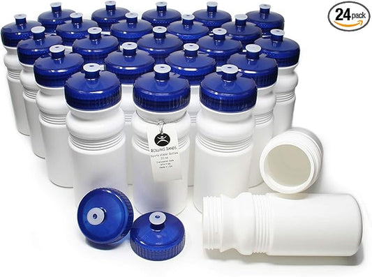 Rolling Sands 20 Ounce Sports Water Bottles 24 Pack, BPA-Free, Made in USA, Dishwasher Safe, White Bottles/Navy Lids