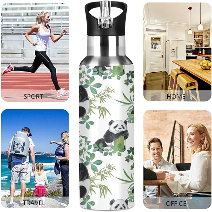 xigua 22 OZ Panda Bears Water Bottle with Straw, Sports Water Bottle BPA Free Stainless Steel Water Jugs for Gym, Kitchen, Working, Outdoor