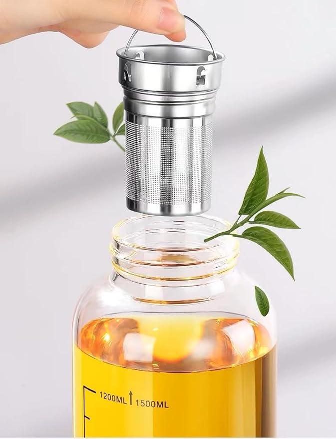 Glass Tea Tumbler with Infuser - 1500ML Large Glass Water Bottle with Sleeve,Glass Tea Infuser Bottle with Lock Lid and Direct Drink Spout,Reusable Sports Water Bottle for Gym Home Outdoor, Leakproof