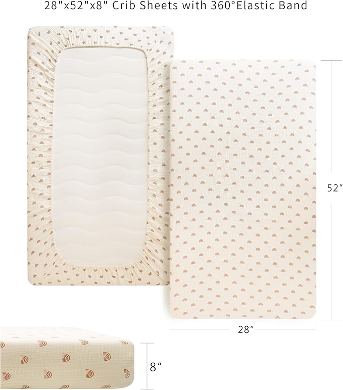 Konssy Muslin Fitted Crib Sheets 100% Cotton Baby Crib Sheets for Standard Crib Mattress (28 X 52 Inches), Soft and Breathable for Boy, Girl (Rainbow)