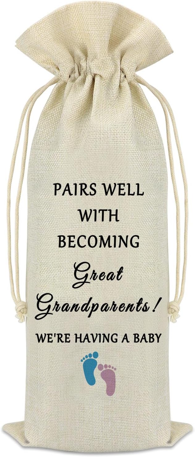 Pregnancy Announcement Gifts for Grandparents Wine Bag Promoted To Grandparents Gift Grandparents Baby Announcement Gifts Promoted To Grandma Grandpa Pregnancy Reveal Gift Drawstring Burlap Wine Bag