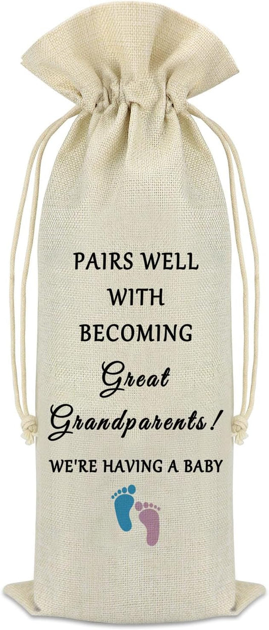 Pregnancy Announcement Gifts for Grandparents Wine Bag Promoted To Grandparents Gift Grandparents Baby Announcement Gifts Promoted To Grandma Grandpa Pregnancy Reveal Gift Drawstring Burlap Wine Bag
