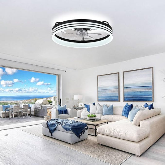 Modern Ceiling Fans with Lights and Remote,20 inch Low Profile Ceiling Fan with Light, Smart Flush Mount Ceiling Fans Chandelier for Bedroom Living Room (Black)