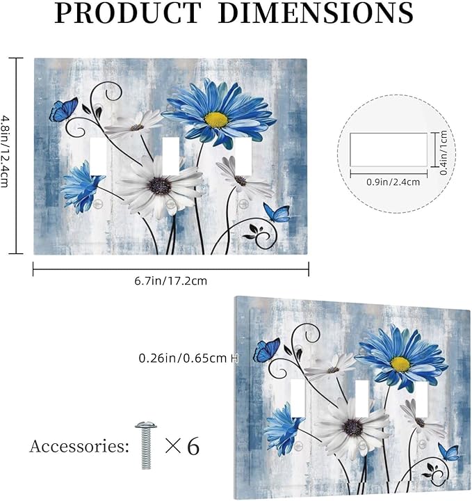 Rustic Teal Blue Daisy Floral Farmhouse 3 Gang Light Switch Covers Triple Toggle Wall Plate Decorative Switchplate Electrical Faceplate for Country Bathroom Bedroom Kitchen Decor