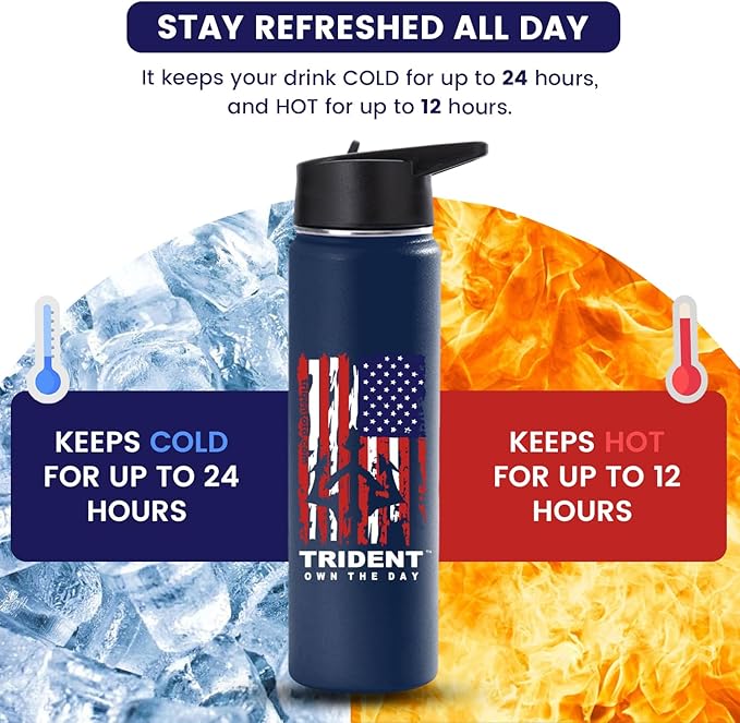 American Flag Water Bottle, 21 oz Insulated Water Bottle, Reusable Water Bottle with Straw, Leak Proof Water Bottles, Thermos Water Bottle - Retired Navy Combat Vet Small Business (Dark Blue, 21 Oz)