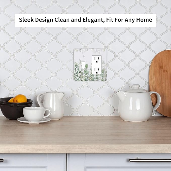 Green Eucalyptus Rustic Botanical Plant Leaves 2 Gang Single Toggle Rocker Combination Boho Light Switch Covers Decorative Wall Plate Cover Electrical Faceplate Switchplate for Country