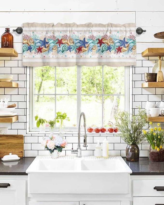 Coastal Beach Kitchen Curtains Valances for Windows Nautical Ocean Seashell Coral Starfish Rod Pocket Window Treatment for Kitchen /Living Room/Bedroom/ Bathroom, 42" X 12", Brown Aqua Summer