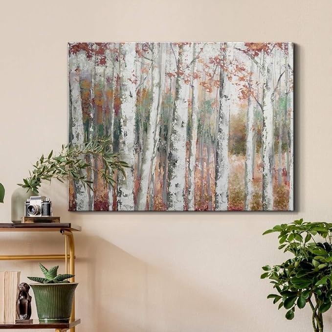 Renditions Gallery Canvas Nature Wall Art Modern Paintings Decorations Autumn Birch Forest Rustic Abstract Vibrant Foliage Wall Hanging Artwork for Bedroom Office Kitchen - 24"x36" LT33