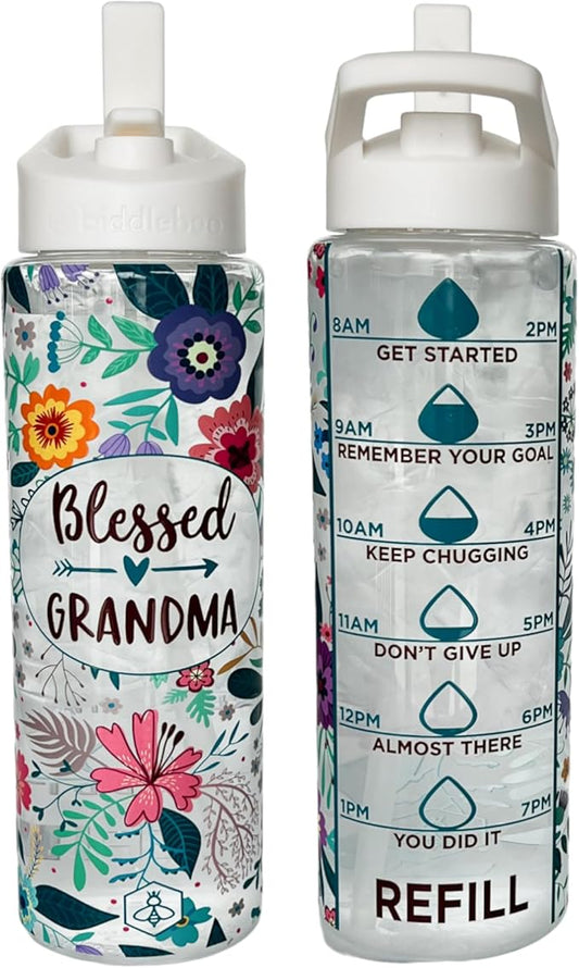 Biddlebee 32oz. Hydration Tracker Water Bottles with Times To Drink | Big Motivational Water Bottle with Time Marker, Straw Lid, & Measurements | BPA-Free (Blessed Grandma)