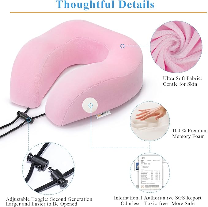 SAIREIDER Travel Neck Pillow 100% Memory Foam, Airplane Rest Prevents Head from Falling Forward, Plane Accessories with Storage Bag, Sleep Mask and Earplugs (Pink)