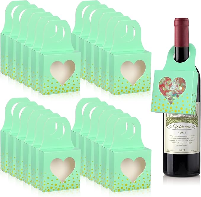 Megitzuu 50 Pieces Wine Bottle Box with Window, Green Wine Boxes for Gifts Hanging Foldable Wine Gift Boxes Kraft Paper Wine Bottle Hanger Favor Box for Holding Candy Truffles Chocolate Cookies