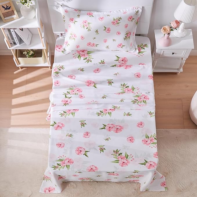 Twin Sheets Set White Pink Floral Bed Sheets Set Girls Cute Microfiber Cooling Sheets 3 Pieces Kids Twin Size Bed Set Wrinkle Free, 15 inch Deep Pocket Fitted Sheet, Flat Sheet, Pillowcase