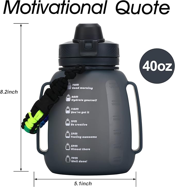 Collapsible Water Bottles 40 OZ Motivational Water Bottle with Straw and Paracord Handle Silicone Sports Water Jug with Times Leakproof Large Water Bottle for Yoga Camping Outdoors