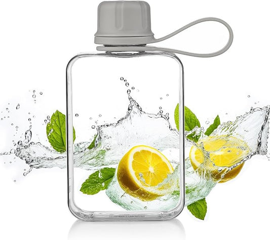 Tritan Transparent Flat Water Bottle samll Water Bottle Slim Square Pocket Bottle Water Flask, BPA Free/Slim Design/Leak Proof Water Bottle for Travel, Outdoor, Sports, Camping (Grey, 240ML)