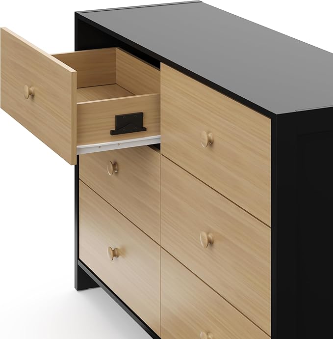 Storkcraft Calabasas 6 Drawer Dresser (Black with Driftwood) - GREENGUARD Gold Certified, 6 Drawer Dresser with Interlocking Drawer System, Dresser Drawer Organizer for Kids' Bedroom