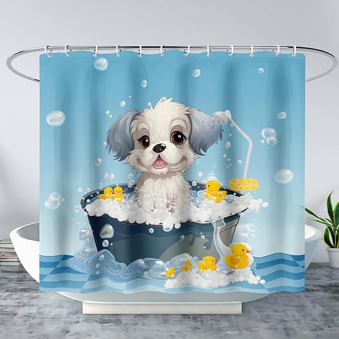 AILONEN Cartoon Bathtub Dog Shower Curtain for Kids 72" W*84" H Kawaii Shower Puppy and Duck Shower Curtain,Polyester Waterproof Fabric Decor for Bathroom Bathtub Panels