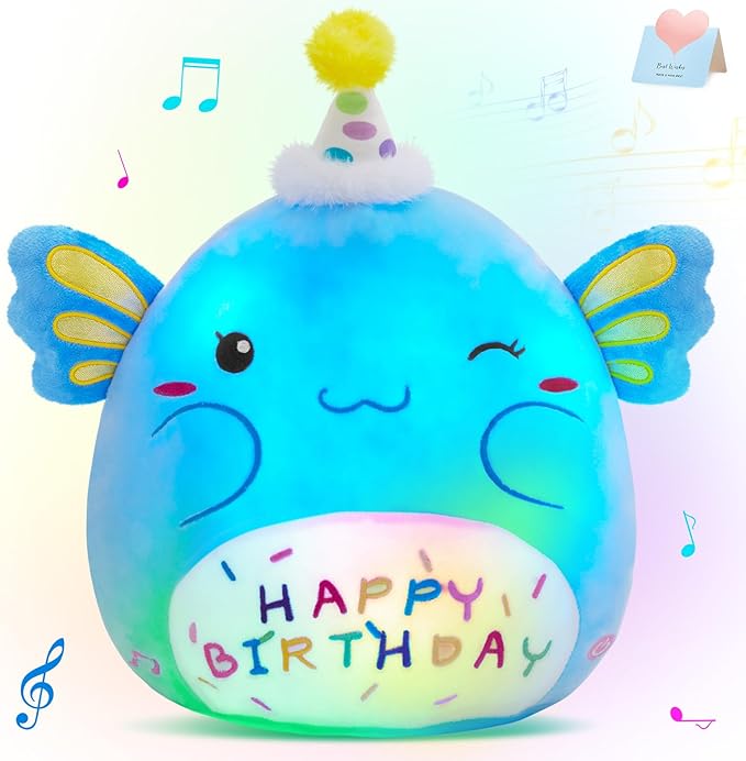 Light up Musical Happy Birthday Axolotl Plush Pillow,LED Stuffed Animals,Blue Axolotl Glowing Plush Toy,Light-up Singing Plush Birthday Gift for Toddler Boys Girls,14''