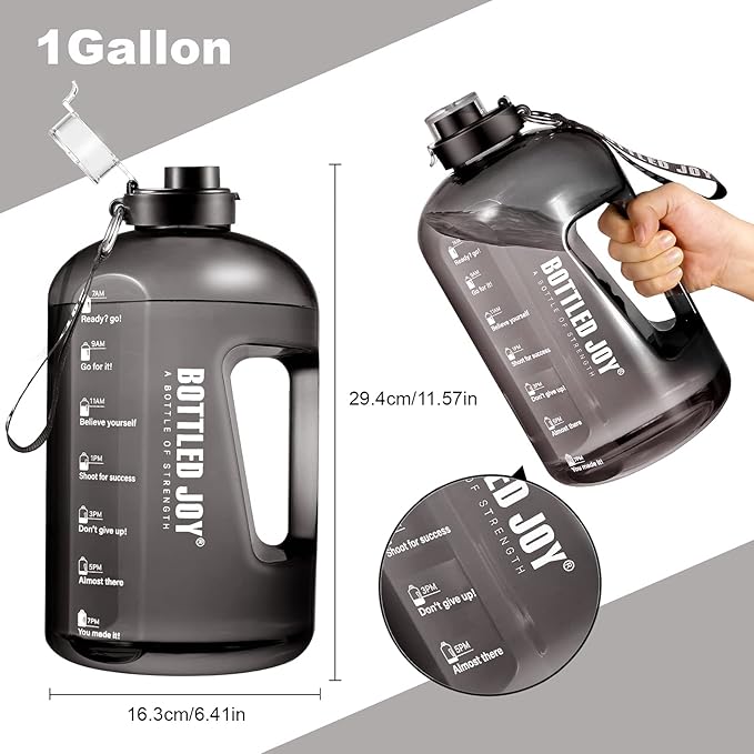 Water Bottle with Time Markings, 1 Gallon/ 3.5L Sports Water Bottle with Handle Leakproof Reusable & BPA Free, Flip Cap with Cleaning Brush Daily Water Intake Bottle Ideal for Gym Office