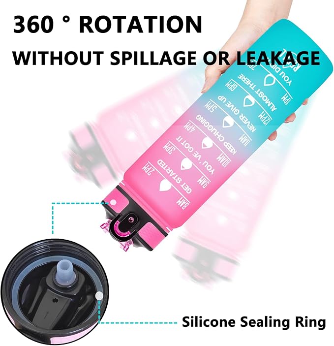 Floral Cat Water Bottle with Straw, Carry Strap, LeakProof, Tritan BPA Free, 32 Oz Motivational Water Bottle with Time Marker to Ensure You Drink Enough Water for Gym Fitness Outdoor