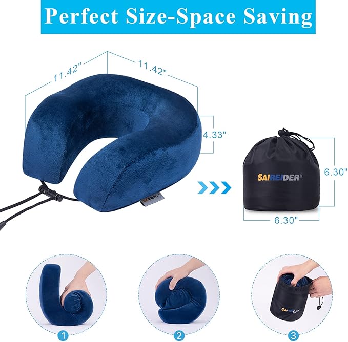 SAIREIDER Travel Pillow 100% Memory Foam Airplanes Neck Pillows -Prevent The Heads from Falling Forward Travel Neck Pillows with Sleep Mask and Earplugs (Navy Blue)