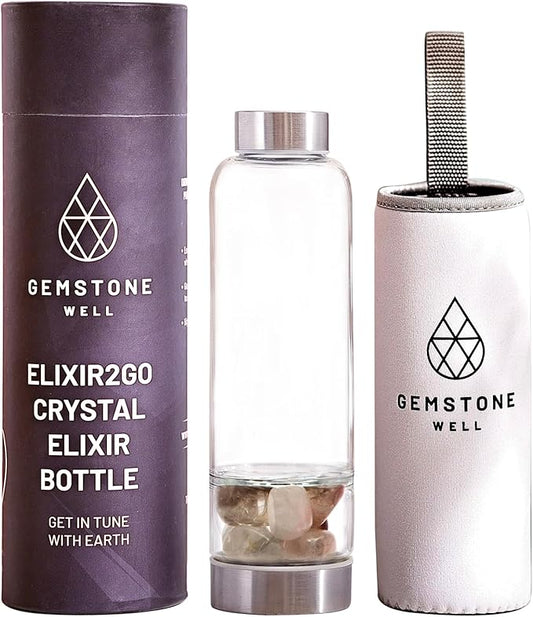 Crystal Water Bottle Elixir Set | Includes Authentic Smoky Quartz & Clear Quartz Healing Crystals | Black Neoprene Sleeve | Drink Gem Infused Water On The Go