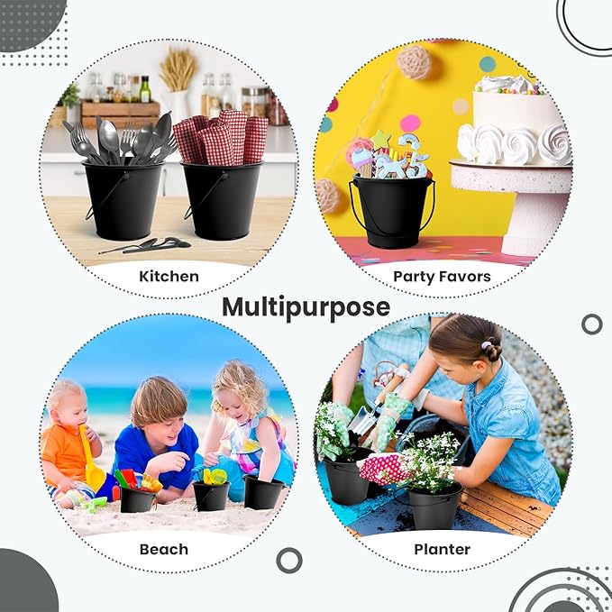 Small Metal Buckets with Handle 6 Pcs – Galvanized Bucket Leak Proof & Rust Resistant 20 fl oz Capacity - Best for Party Décor, Organizing & Decorating Classrooms (Black, Small 4.3" Top)
