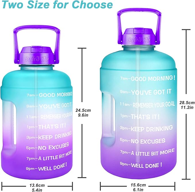 QuiFit Half Gallon Water Bottle - with Straw & Motivational Time Marker Leak-Proof BPA Free Reusable Gym Sports Outdoor Large(73OZ) Capacity Water Jug(Green/Purple Gradient,Half Gallon)