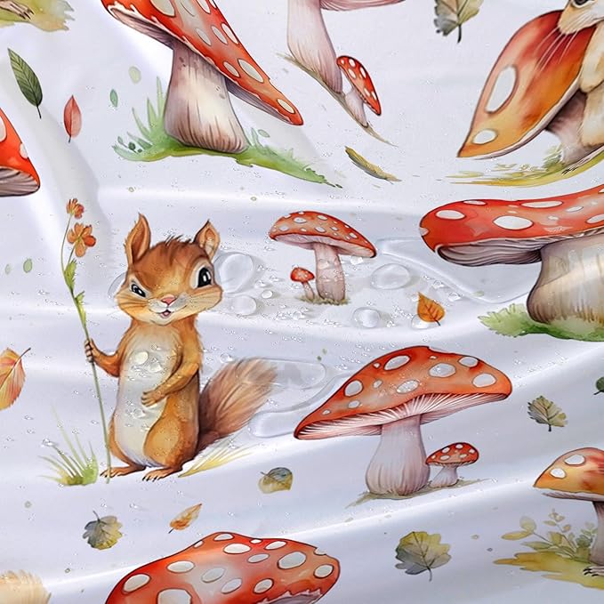 AILONEN Cartoon Mushroom Shower Curtain for Kids Girls Boys, Kawaii Squirrels with Red Mushroom Shower Curtains for Bathroom,Cute Animal Shower Curtain Set with Hooks,72" W*84" H
