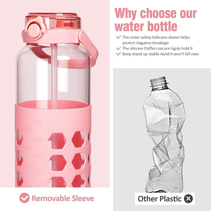 MUKOKO Half Gallon/64 oz Glass Water Bottles with Straw and Lid,Motivational Water Jug with Time Marker Reminder and Silicone Sleeve,100% Leakproof BPA Free Fitness Sports Large Bottle-Pink