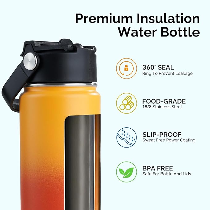 Kerilyn Stainless Steel Insulated Water Bottle, 18oz Double Wall Vacuum Insulated Water Bottle Leak Proof with Silicone Straw, Wide Mouth Lid, BPA Free, Keep Cold and Hot, 18oz, Orange Gradient