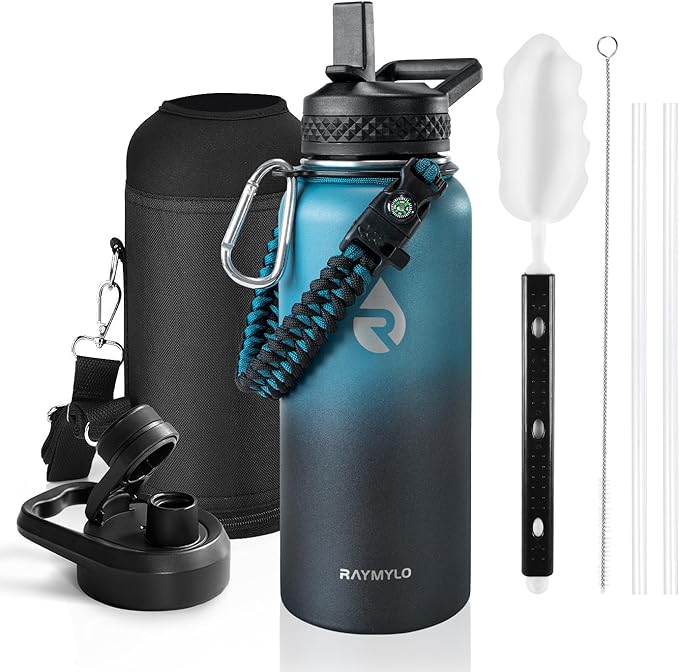 Insulated Water Bottle 32 oz, Triple Wall Vacuum Stainless Steel (Cold for 48 Hrs, Hot for 24Hrs), Leak Proof & Non-BPA, 32oz Hydro Water Flask with Paracord Handle & Straw Spout Lids