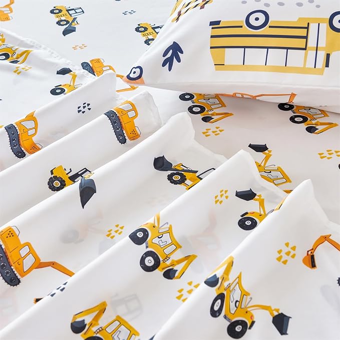 RYNGHIPY Twin Sheets Set Kids Boys: Construction Excavator Bed Sheet Set for Toddler Children - Deep Pocket Wrinkle Free Bedding Set (White Yellow,Twin)