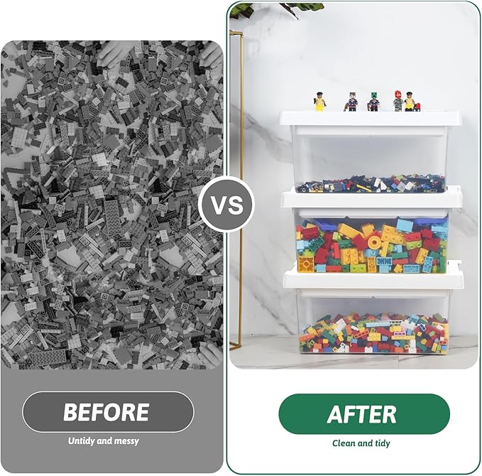 loobuu Plastic Storage Bins with Lids - 3 Set Stackable Arts Crafts Organizer Box with Removable Divided Tray &Compatible Building Baseplate,Toy Chest Containers for Bricks -White