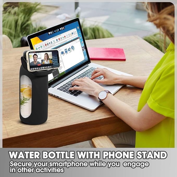 Glass Water Bottles 64 oz - Half Gallon Water Bottle with Straw Phone Holder Handle Time Marker and Silicone Sleeve, Large Motivational Water Jug with Carrier Bag for Daily Intake Gym Black