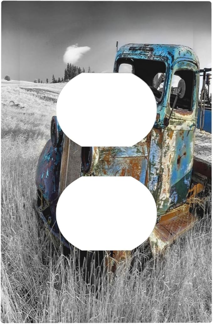 Vintage Country Old Blue Truck 1 Gang Outlet Plate Covers Decorative Single Duplex Wall Plate Rustic Electrical Receptacle Light Switch Cover Art Faceplate Switchplate for Bathroom Living Room Decor
