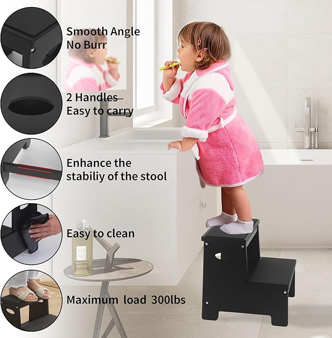 Kids Step Stool Black Stepping Stool 2 Step Stools for Toddlers Bathroom Kitchen Counter Sink Wooden Step Stool Portable Baby Childrens Wood Toddler Foot Bed Step Stool Kids Potty Training Stool